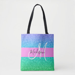 Glam Blue Green Glitter Sparkle Gradient Monogram Tote Bag