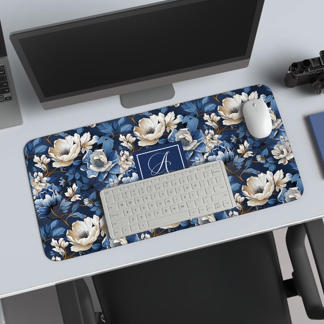 Glam Blue Ivory Flowers Custom Name Desk Mat (Glam Blue Ivory Flowers Custom Name Desk Mat)