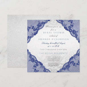 Glam Blue Navy Lace Silver Floral Bridal Shower Invitation