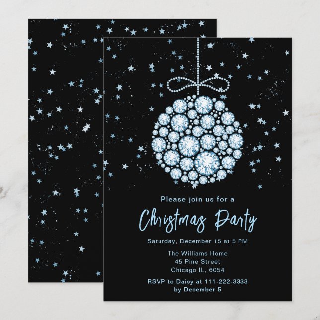 Glam Blue Ornament Christmas Party Invitation (Front/Back)