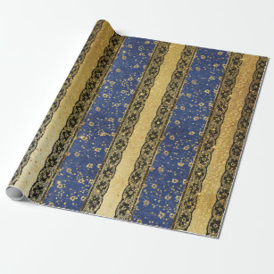 Glam Blue Peacock Golden Foil Floral Lace Wrapping Paper