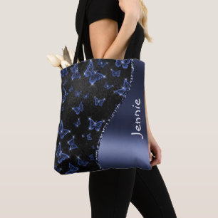 Glam Blue Silver Glitter Butterflies Personalised Tote Bag