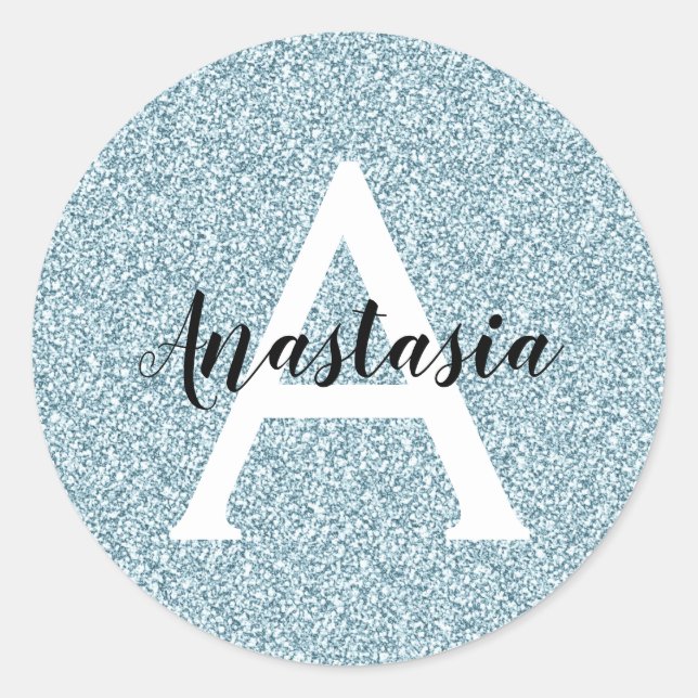 Glam Blue Silver Glitter Sparkles Monogram Name Classic Round Sticker (Front)