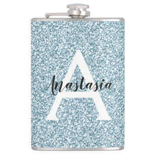Glam Blue Silver Glitter Sparkles Monogram Name Hip Flask