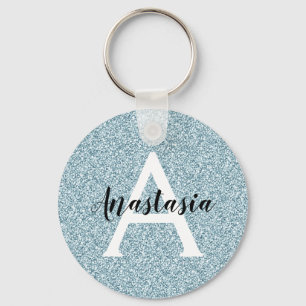 Glam Blue Silver Glitter Sparkles Monogram Name Key Ring