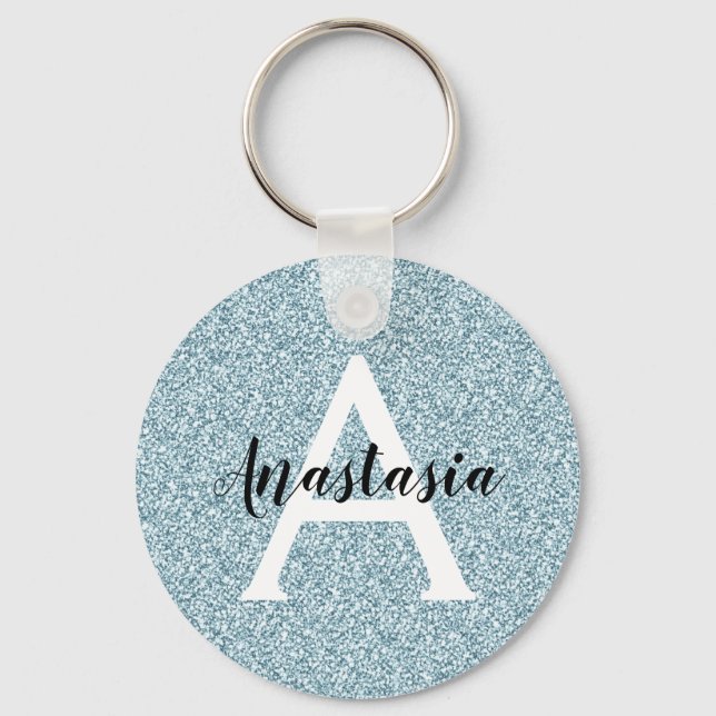 Glam Blue Silver Glitter Sparkles Monogram Name Key Ring (Front)