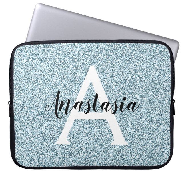 Glam Blue Silver Glitter Sparkles Monogram Name Laptop Sleeve (Front)