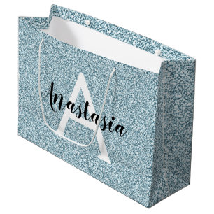 Glam Blue Silver Glitter Sparkles Monogram Name Large Gift Bag