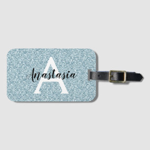 Glam Blue Silver Glitter Sparkles Monogram Name Luggage Tag