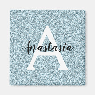 Glam Blue Silver Glitter Sparkles Monogram Name Magnet