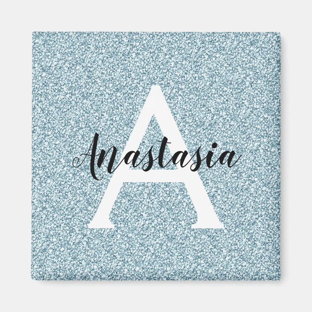 Glam Blue Silver Glitter Sparkles Monogram Name Magnet (Front)