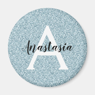 Glam Blue Silver Glitter Sparkles Monogram Name Magnet