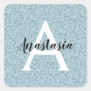 Glam Blue Silver Glitter Sparkles Monogram Name Square Sticker