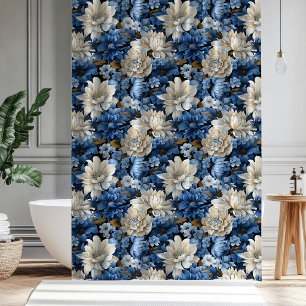 Glam Blue White Ivory Floral Bathroom Shower Decor Curtain