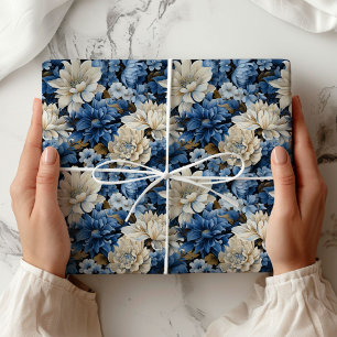 Glam Blue White Ivory Floral Gift Wrapping Paper