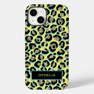 Glam Blue Yellow Gold Glitter Leopard Print Name Case-Mate iPhone 14 Case