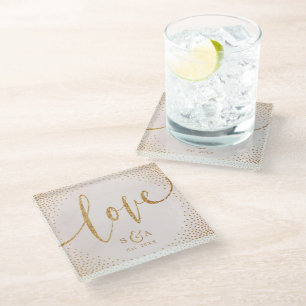 Glam blush faux glitter rose gold calligraphy love glass coaster