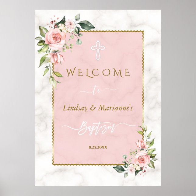 Glam Blush Floral Gold Twins Welcome Baptism Sign (Front)