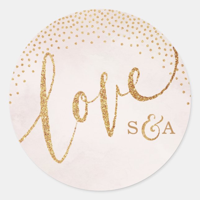 Glam blush glitter rose gold calligraphy love classic round sticker (Front)