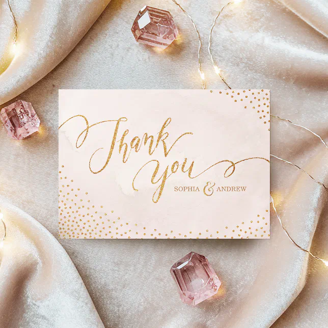 Glam blush glitter rose gold calligraphy thank you card | Zazzle