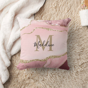 Glam Blush Pink Agate Geode Glitter Gold Monogram Cushion