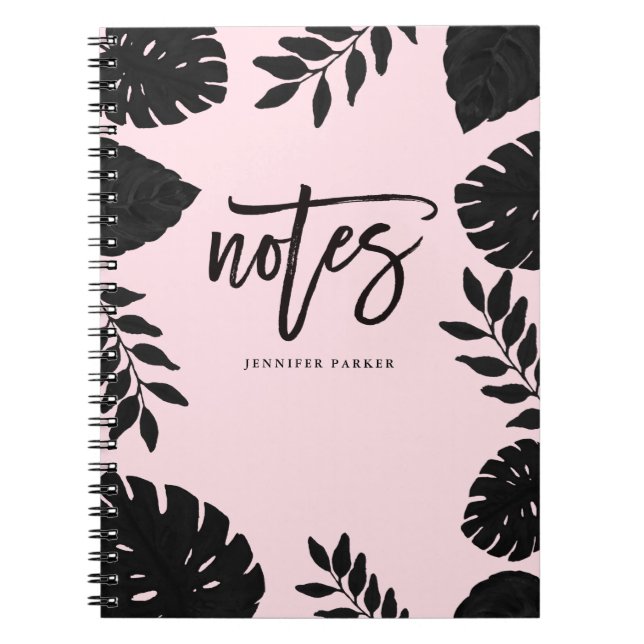 Glam Blush Pink and Black Tropical Notes Notebook (Front)