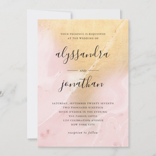 Glam Blush Pink and Gold Marble Look | Wedding Invitation (Front)
