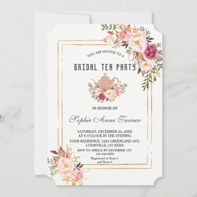 Glam Blush Pink Floral Bridal Shower Tea Party Invitation (Front)