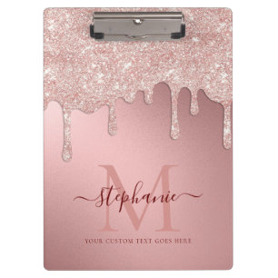 Glam Blush Pink Glitter Drip Foil Monogram Clipboard