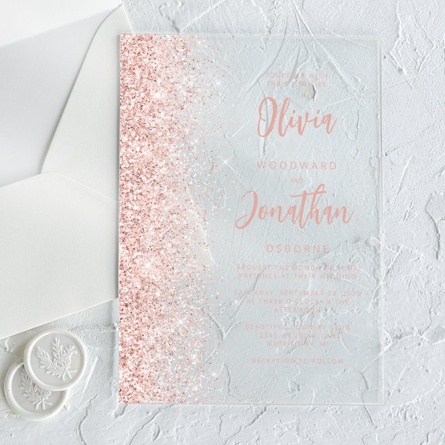 Glam Blush Pink Glitter Modern Script Wedding Acrylic Invitations (Creator Uploaded)