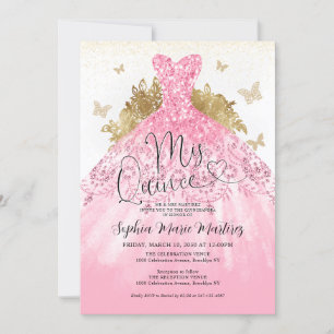 Glam Blush Pink Gold Dress Mis Quince Quinceañera Invitation