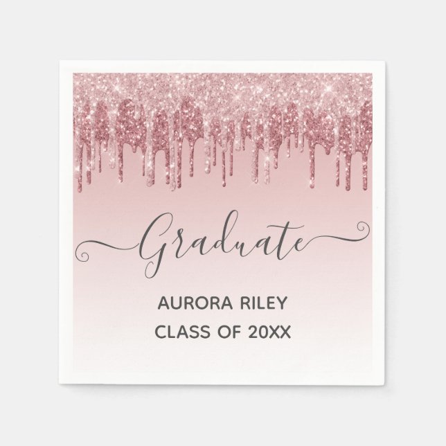 Glam Blush Pink Gold Dripping Glitter Graduation Napkin (Front)