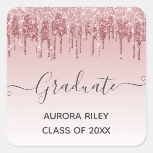 Glam Blush Pink Gold Dripping Glitter Graduation Square Sticker