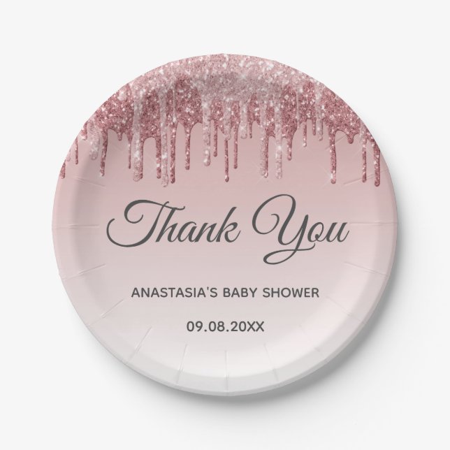 Glam Blush Pink Gold Glitter Thank You Baby Shower Paper Plate (Front)