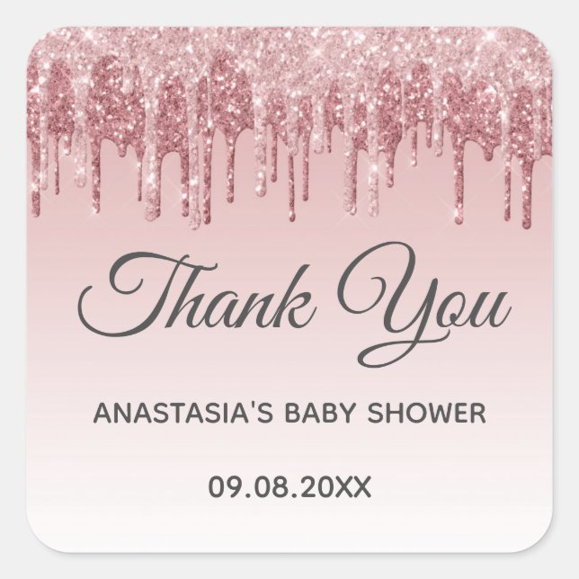 Glam Blush Pink Gold Glitter Thank You Baby Shower Square Sticker (Front)