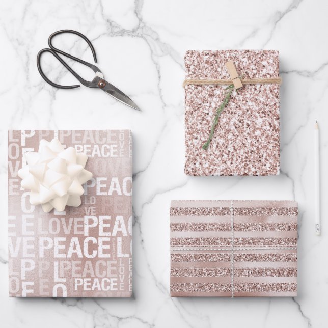 Glam Blush Pink Peace Love Glitter    Wrapping Paper Sheet (Front)