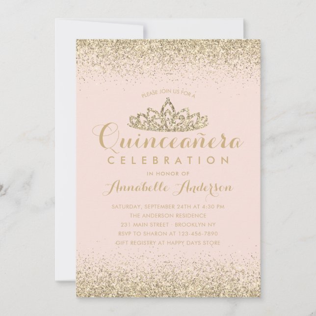 Glam Blush Pink Quinceañera Gold Tiara Glitter Invitation (Front)