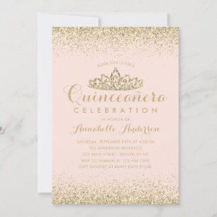 Glam Blush Pink Quinceañera Gold Tiara Glitter Invitation