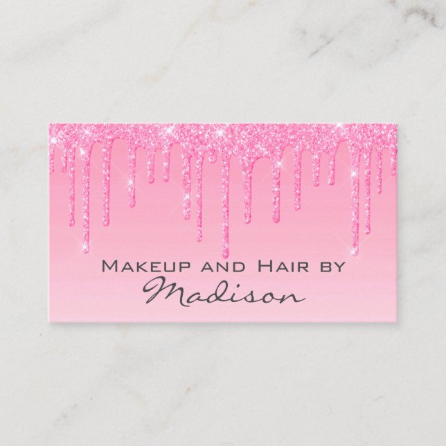 Glam Blush Pink Rose Glitter Drips Makeup Artist Business Card (Front)
