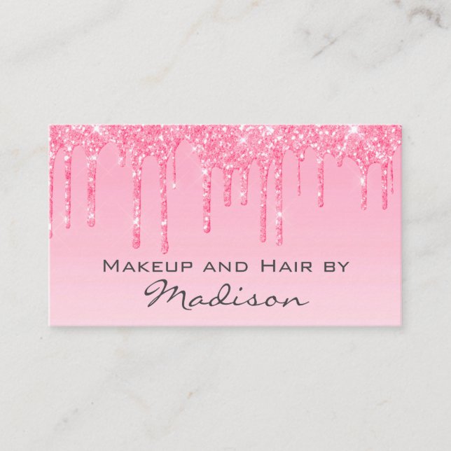 Glam Blush Pink Rose Glitter Drips Makeup Artist Business Card (Front)