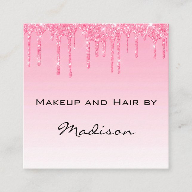 Glam Blush Pink Rose Glitter Drips Makeup Artist Square Business Card (Front)