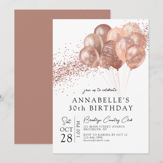 Glam Blush Pink Rose Gold Glitter Balloon Birthday Invitation (Front/Back)