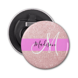 Glam Blush Pink Rose Gold Glitter Sparkle Monogram Bottle Opener