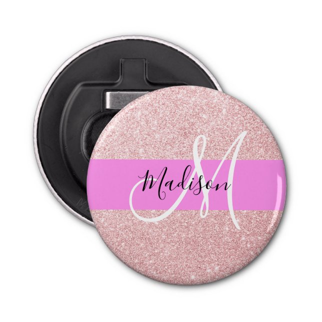 Glam Blush Pink Rose Gold Glitter Sparkle Monogram Bottle Opener (Front)
