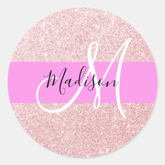 Glam Blush Pink Rose Gold Glitter Sparkle Monogram Classic Round Sticker (Front)