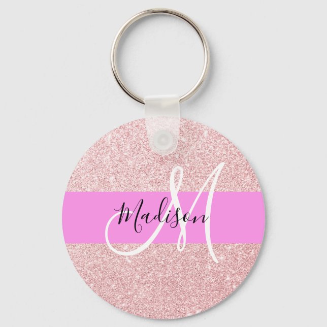 Glam Blush Pink Rose Gold Glitter Sparkle Monogram Key Ring (Front)