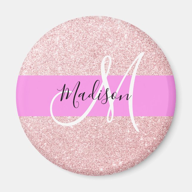 Glam Blush Pink Rose Gold Glitter Sparkle Monogram Magnet (Front)