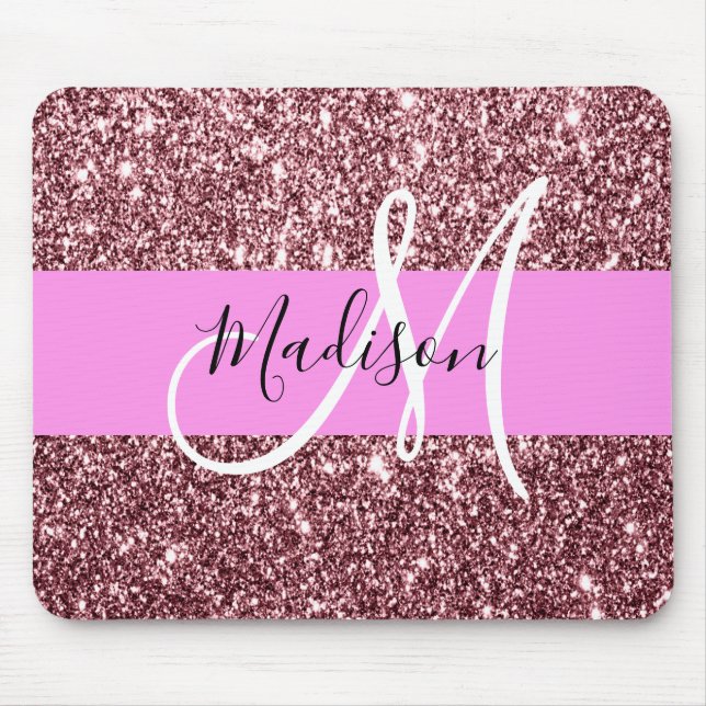 Glam Blush Pink Rose Gold Glitter Sparkle Monogram Mouse Mat (Front)