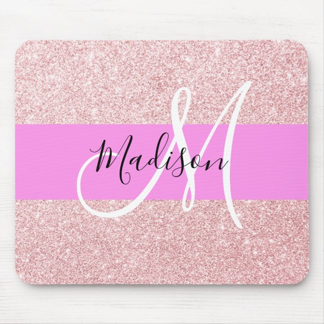 Glam Blush Pink Rose Gold Glitter Sparkle Monogram Mouse Mat (Front)