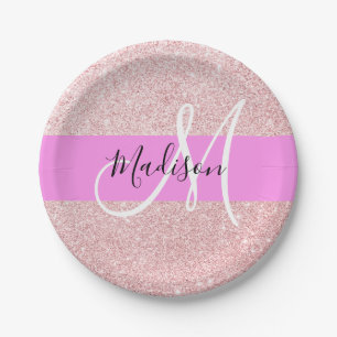 Glam Blush Pink Rose Gold Glitter Sparkle Monogram Paper Plate